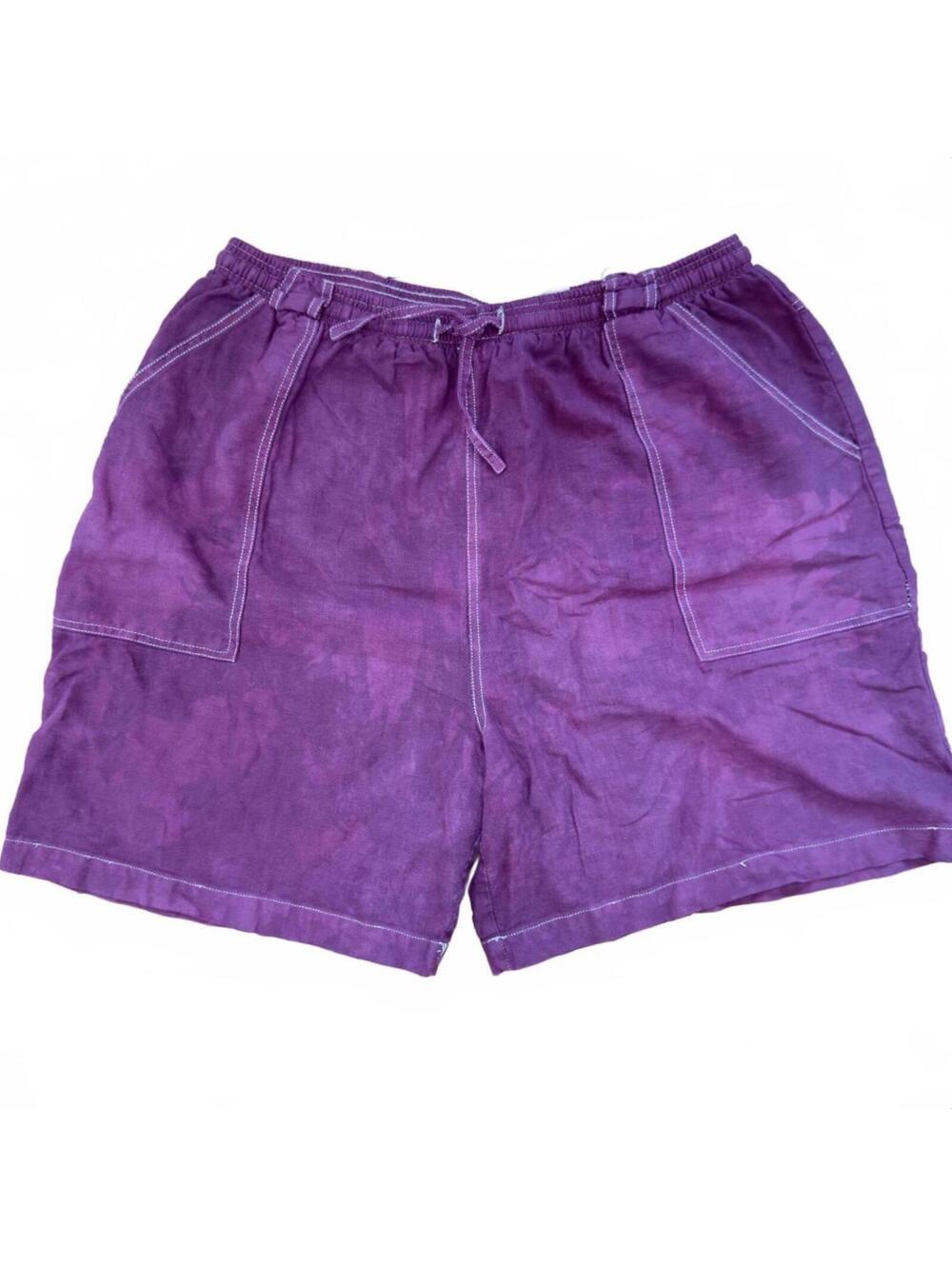 Linen Blend Shorts XL Overdyed Purple Drawstring Contrast Stitch - Erika
